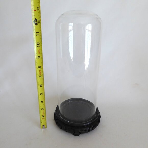 NEW 13” DECORATIVE GLASS CLOCHE DISPLAY DOME COVER HAND CARVED BLACK WOOD BASE - Picture 2 of 9